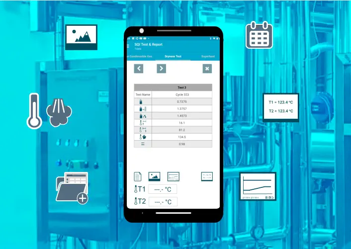 SQI Android application screenshot presentation on blue industrial background
