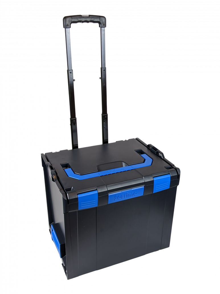 SQ1E black colour carrying case with blue clolour handles and locks